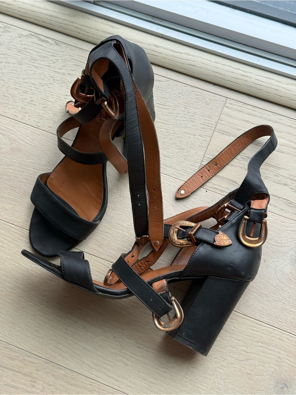 Paris Texas Black Leather Block Heel Sandals with Gold Buckles